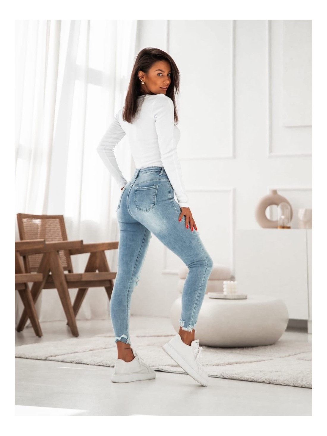 Pantaloni dama din denim cu nasturi cu abraziuni 5502 - Magazin online - Boutique